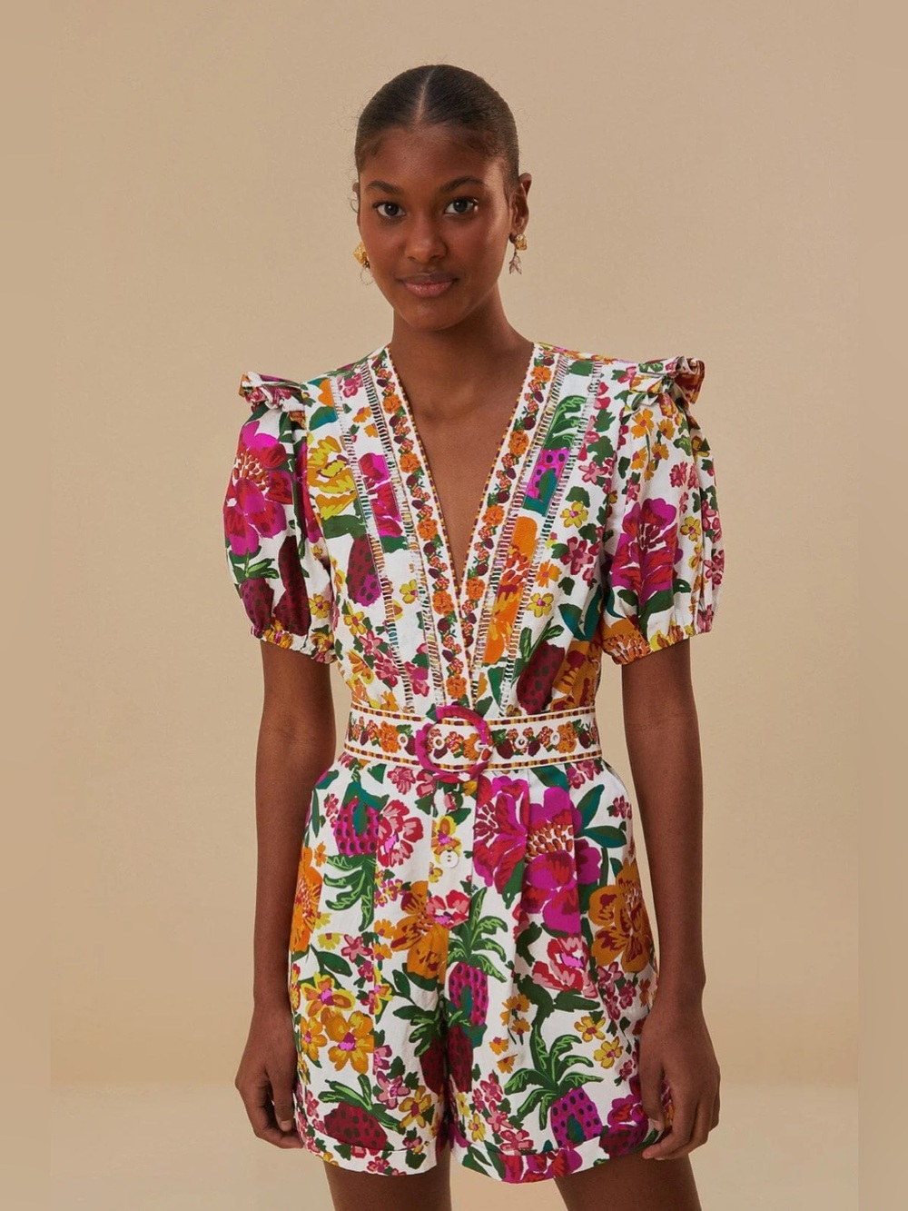 FARM Rio White Floral Short Belted Romper with Pink, Orange & Green Print